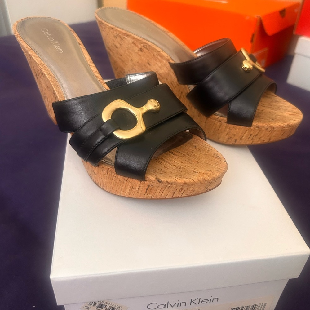 Calvin Klein Black Leather Wedge Sandals with Gold Accent